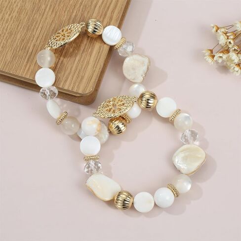 Chunky Natural Shell Glass Beaded Stretch Bracelet Stack for Women, Classy Boho Jewelry Gift in Saudi Arabia