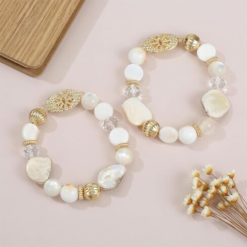 Chunky Natural Shell Glass Beaded Stretch Bracelet Stack for Women, Classy Boho Jewelry Gift in Saudi Arabia