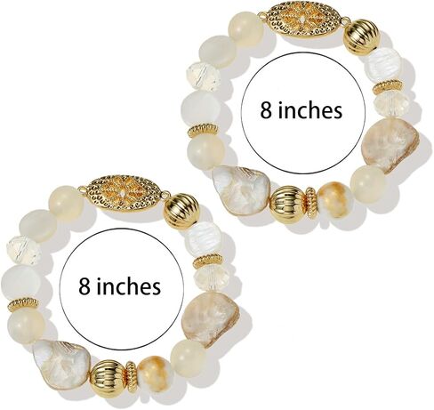 Chunky Natural Shell Glass Beaded Stretch Bracelet Stack for Women, Classy Boho Jewelry Gift in Saudi Arabia