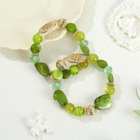 Chunky Natural Shell Glass Beaded Stretch Bracelet Stack for Women, Classy Boho Jewelry Gift in Saudi Arabia