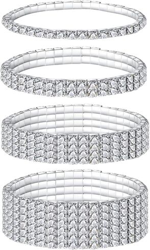 4 قطع سوار مطاطي للنساء مرصع بالألماس الاصطناعي - مجموعة أساور تنس فضية لامعة للحفلات الراقصة وحفلات الزفاف والارتداء اليومي in Kuwait