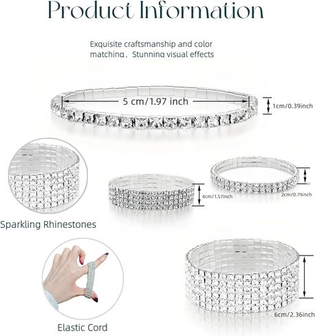 4 قطع سوار مطاطي للنساء مرصع بالألماس الاصطناعي - مجموعة أساور تنس فضية لامعة للحفلات الراقصة وحفلات الزفاف والارتداء اليومي in Kuwait