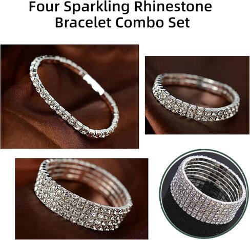 4 قطع سوار مطاطي للنساء مرصع بالألماس الاصطناعي - مجموعة أساور تنس فضية لامعة للحفلات الراقصة وحفلات الزفاف والارتداء اليومي in Kuwait