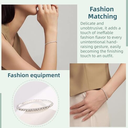 4 قطع سوار مطاطي للنساء مرصع بالألماس الاصطناعي - مجموعة أساور تنس فضية لامعة للحفلات الراقصة وحفلات الزفاف والارتداء اليومي in Kuwait