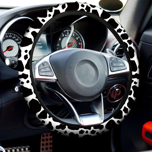 Frienda 13 Pcs Mixed Cow Print Car Seat Cover Full Set for Women Men Print Car Accessories Rubber Steering Wheel Armrest Pad Cover Seat Belt Pads Wrist Holder Keychain, White and Black in Kuwait