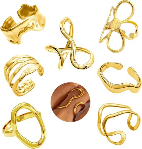 Gold Chunky Rings for Women Asymmetrical Wavy Curve Thumb Ring Irregular Thick Open Statement Rings Adjustable Stainless Steel Flower Finger Rings Non Tarnish in Kuwait