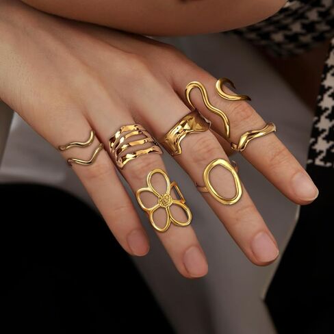 Gold Chunky Rings for Women Asymmetrical Wavy Curve Thumb Ring Irregular Thick Open Statement Rings Adjustable Stainless Steel Flower Finger Rings Non Tarnish in Kuwait