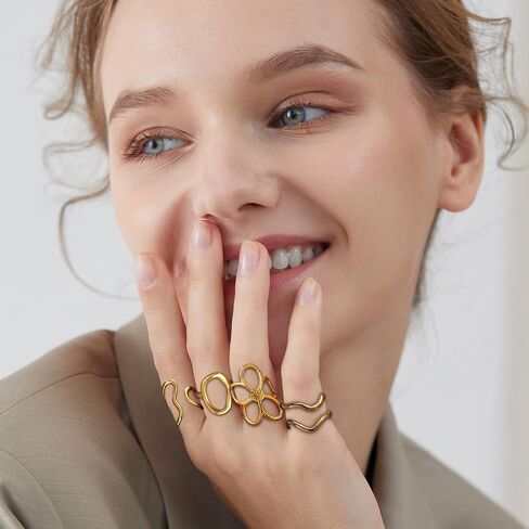 Gold Chunky Rings for Women Asymmetrical Wavy Curve Thumb Ring Irregular Thick Open Statement Rings Adjustable Stainless Steel Flower Finger Rings Non Tarnish in Kuwait