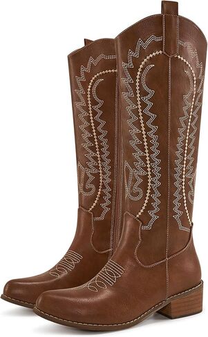 Western Cowboy Boots for Women: Embroidered Knee High with Chunky Heel Pointed Toe Retro Fashion Side Zipper Tall Cowgirl Boots for Country Concerts in Saudi Arabia