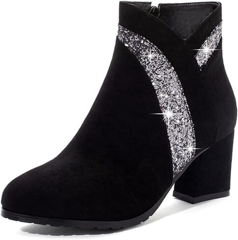 Women's Fashion Glitter Dressy Ankle Boots Round Toe Side Zipper Chunky High Heel Dress Short Booties in Kuwait