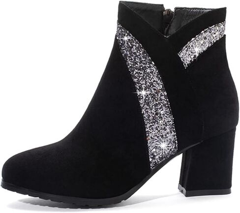 Women's Fashion Glitter Dressy Ankle Boots Round Toe Side Zipper Chunky High Heel Dress Short Booties in Kuwait