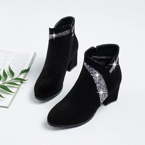 Women's Fashion Glitter Dressy Ankle Boots Round Toe Side Zipper Chunky High Heel Dress Short Booties in Kuwait