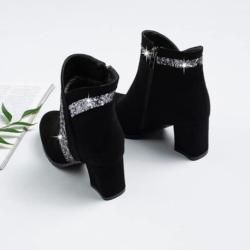 Women's Fashion Glitter Dressy Ankle Boots Round Toe Side Zipper Chunky High Heel Dress Short Booties in Kuwait