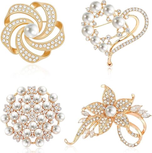 4 PCS Heart Pearl Brooch Set Crystal Bling Elegant Imitation Large Pearl Floral Crystal Pins Metal Flower Shawl Clip Sweater Shawl Clips Buckle Decoration Accessories for Women Wedding Bouquet in Saudi Arabia