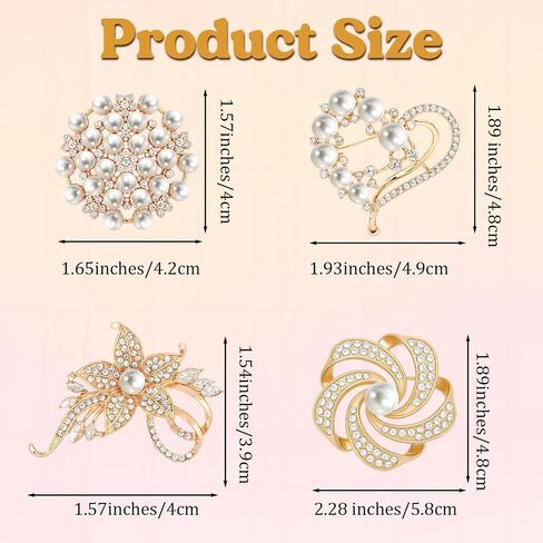 4 PCS Heart Pearl Brooch Set Crystal Bling Elegant Imitation Large Pearl Floral Crystal Pins Metal Flower Shawl Clip Sweater Shawl Clips Buckle Decoration Accessories for Women Wedding Bouquet in Saudi Arabia