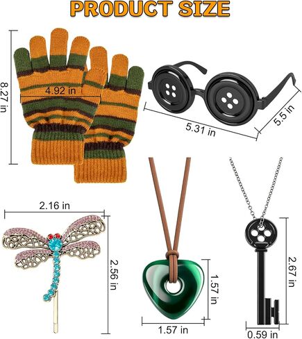 5 Pcs Striped Gloves, Dragonfly Hair Clip, Key Necklace, Stone Necklace, Button Glasses Accessories, Halloween Cosplay Stuff in Saudi Arabia
