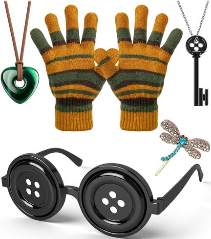 5 Pcs Striped Gloves, Dragonfly Hair Clip, Key Necklace, Stone Necklace, Button Glasses Accessories, Halloween Cosplay Stuff in Saudi Arabia