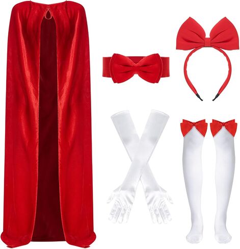 Halloween Princess Costume Red Velvet Cloak Princess Cape Gloves Red Bow Headband Thigh Highs Socks Belt for Women Dress up Cosplay Party in Saudi Arabia