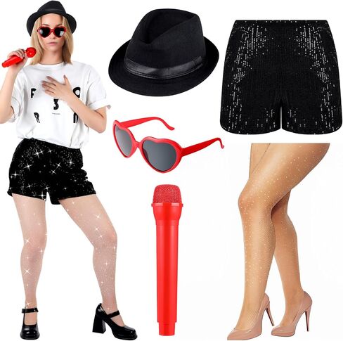Jeyiour 5 Pcs Halloween Singer Costume Bowler Hat Heart Sunglasses Fishnets Shorts Microphone Cosplay Music Festival Concert in Saudi Arabia