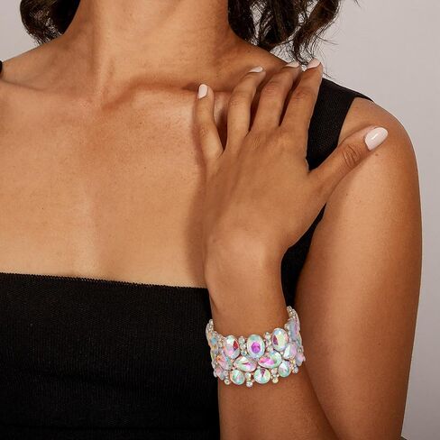 Crysdue آرت ديكو الدمعة البيضاوي عناقيد كريستالية مطاطا تمتد سوار حجر الراين المعصم مجوهرات للنساء حفلة موسيقية حفل زفاف in Kuwait