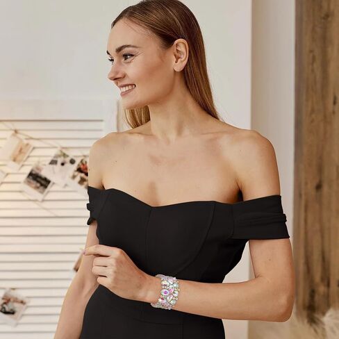 Crysdue آرت ديكو الدمعة البيضاوي عناقيد كريستالية مطاطا تمتد سوار حجر الراين المعصم مجوهرات للنساء حفلة موسيقية حفل زفاف in Kuwait