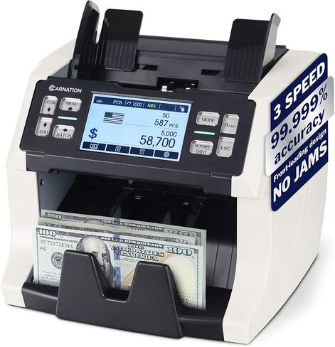 آلة عد النقود ذات الطوائف المختلطة من كارنيشن CR1450 - عداد النقود مع خاصية كشف التزييف بالأشعة فوق البنفسجية/MG/IR - عدد القيمة 1000-1200 نيوتن/متر وسرعة العد ودعم 128 عملة USD/CAD/BRL/MXN/Any in Kuwait