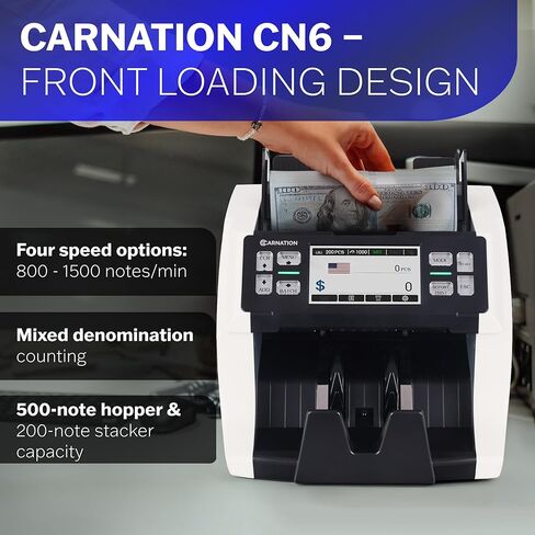 آلة عد النقود ذات الطوائف المختلطة من كارنيشن CR1450 - عداد النقود مع خاصية كشف التزييف بالأشعة فوق البنفسجية/MG/IR - عدد القيمة 1000-1200 نيوتن/متر وسرعة العد ودعم 128 عملة USD/CAD/BRL/MXN/Any in Kuwait