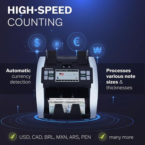 آلة عد النقود ذات الطوائف المختلطة من كارنيشن CR1450 - عداد النقود مع خاصية كشف التزييف بالأشعة فوق البنفسجية/MG/IR - عدد القيمة 1000-1200 نيوتن/متر وسرعة العد ودعم 128 عملة USD/CAD/BRL/MXN/Any in Kuwait