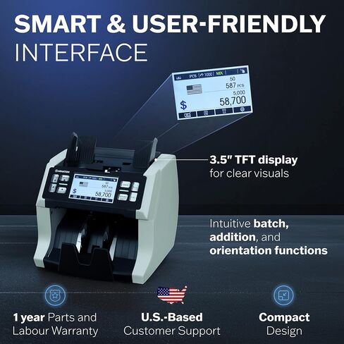 آلة عد النقود ذات الطوائف المختلطة من كارنيشن CR1450 - عداد النقود مع خاصية كشف التزييف بالأشعة فوق البنفسجية/MG/IR - عدد القيمة 1000-1200 نيوتن/متر وسرعة العد ودعم 128 عملة USD/CAD/BRL/MXN/Any in Kuwait