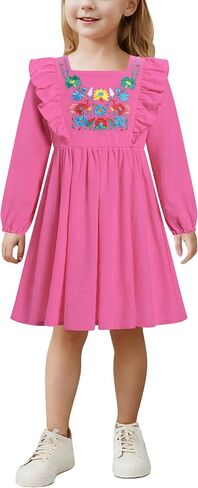 AWIBMK Kids Baby Girls Mexican Embroidered Dress Boho Floral Ruffle Long Sleeve Spring Fall Party Cinco de Mayo Dresses in Saudi Arabia