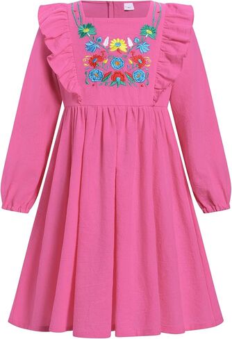 AWIBMK Kids Baby Girls Mexican Embroidered Dress Boho Floral Ruffle Long Sleeve Spring Fall Party Cinco de Mayo Dresses in Saudi Arabia