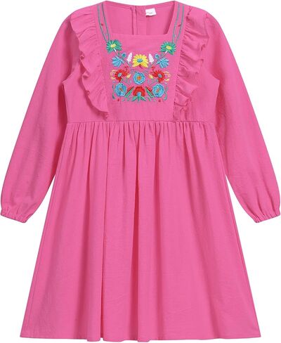 AWIBMK Kids Baby Girls Mexican Embroidered Dress Boho Floral Ruffle Long Sleeve Spring Fall Party Cinco de Mayo Dresses in Saudi Arabia