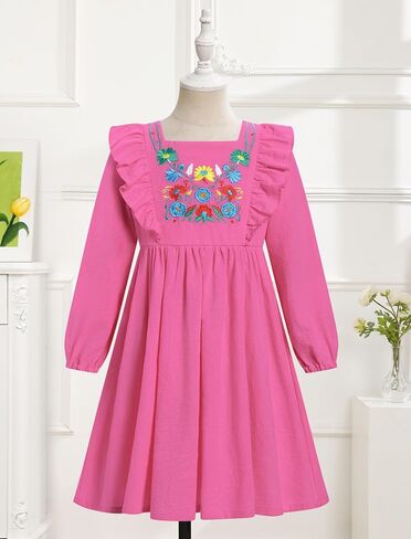 AWIBMK Kids Baby Girls Mexican Embroidered Dress Boho Floral Ruffle Long Sleeve Spring Fall Party Cinco de Mayo Dresses in Saudi Arabia