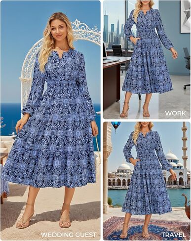 GRACE KARIN Long Sleeve Dress for Women 2026 Spring Wedding Guest Dress Floral Boho A Line Flowy Maxi Dresses with Pockets in Kuwait
