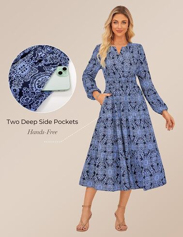 GRACE KARIN Long Sleeve Dress for Women 2026 Spring Wedding Guest Dress Floral Boho A Line Flowy Maxi Dresses with Pockets in Kuwait