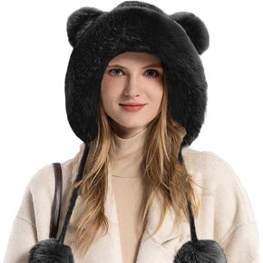 Winter Knitted Beanie with Pompom for Women Fluffy Fur Hat Fuzzy Skull Cap Warm Ear Flaps Ski Snow Hat Cute in Saudi Arabia