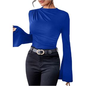 SweatyRocks Women's Ruched Mock Neck Long Ruffle Sleeve Slim Fitted Tops Solid Basic Tee Shirts in Saudi Arabia