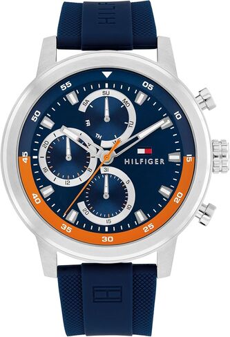 Tommy Hilfiger Men's Sporty Watch – Quartz Multifunction, Stainless Steel Case, Sunray Dial with Stick Indexes and CD-Textured Sub-Eyes, Oversized Crown, Silicone Strap – Gift for Him in Saudi Arabia
