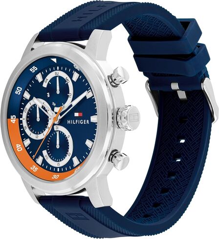 Tommy Hilfiger Men's Sporty Watch – Quartz Multifunction, Stainless Steel Case, Sunray Dial with Stick Indexes and CD-Textured Sub-Eyes, Oversized Crown, Silicone Strap – Gift for Him in Saudi Arabia