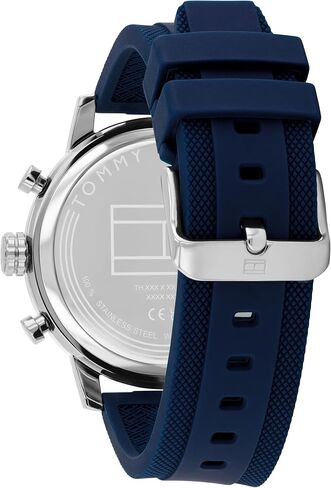 Tommy Hilfiger Men's Sporty Watch – Quartz Multifunction, Stainless Steel Case, Sunray Dial with Stick Indexes and CD-Textured Sub-Eyes, Oversized Crown, Silicone Strap – Gift for Him in Saudi Arabia