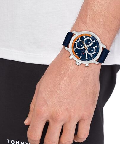 Tommy Hilfiger Men's Sporty Watch – Quartz Multifunction, Stainless Steel Case, Sunray Dial with Stick Indexes and CD-Textured Sub-Eyes, Oversized Crown, Silicone Strap – Gift for Him in Saudi Arabia
