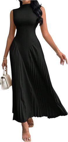 WDIRARA Women's Pleated Tight-Fitting A Line Lone Dress Summer Stand Collar Sleeveless Tank Dresses in Saudi Arabia
