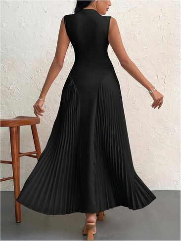 WDIRARA Women's Pleated Tight-Fitting A Line Lone Dress Summer Stand Collar Sleeveless Tank Dresses in Saudi Arabia
