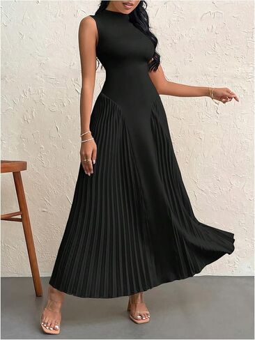 WDIRARA Women's Pleated Tight-Fitting A Line Lone Dress Summer Stand Collar Sleeveless Tank Dresses in Saudi Arabia