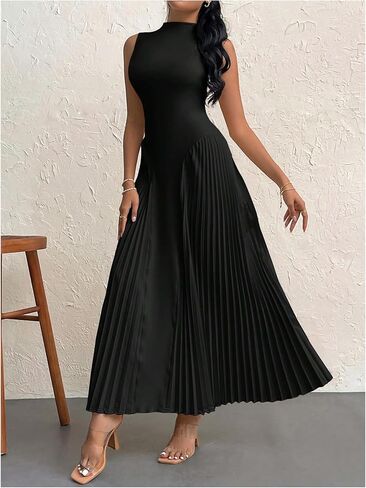 WDIRARA Women's Pleated Tight-Fitting A Line Lone Dress Summer Stand Collar Sleeveless Tank Dresses in Saudi Arabia