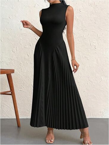 WDIRARA Women's Pleated Tight-Fitting A Line Lone Dress Summer Stand Collar Sleeveless Tank Dresses in Saudi Arabia