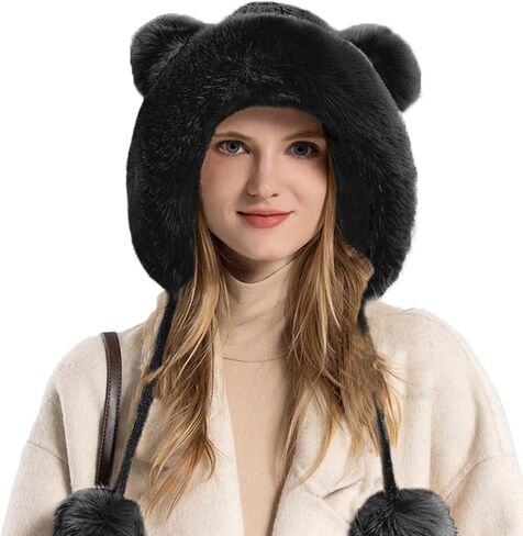 Winter Knitted Beanie with Pompom for Women Fluffy Fur Hat Fuzzy Skull Cap Warm Ear Flaps Ski Snow Hat Cute in Saudi Arabia