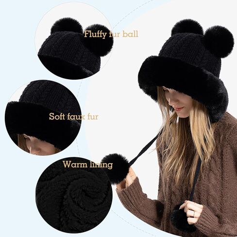 Winter Knitted Beanie with Pompom for Women Fluffy Fur Hat Fuzzy Skull Cap Warm Ear Flaps Ski Snow Hat Cute in Saudi Arabia