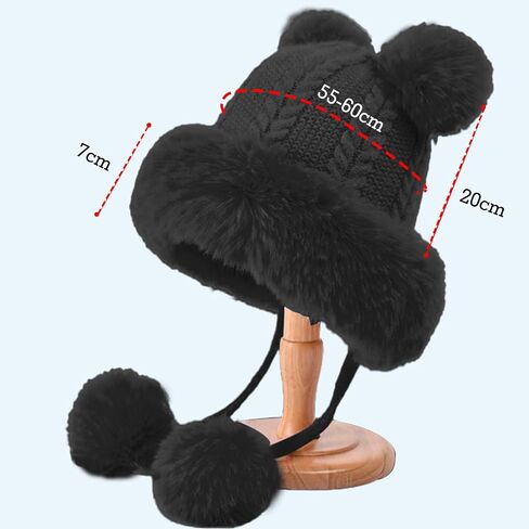 Winter Knitted Beanie with Pompom for Women Fluffy Fur Hat Fuzzy Skull Cap Warm Ear Flaps Ski Snow Hat Cute in Saudi Arabia
