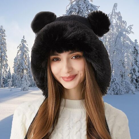 Winter Knitted Beanie with Pompom for Women Fluffy Fur Hat Fuzzy Skull Cap Warm Ear Flaps Ski Snow Hat Cute in Saudi Arabia